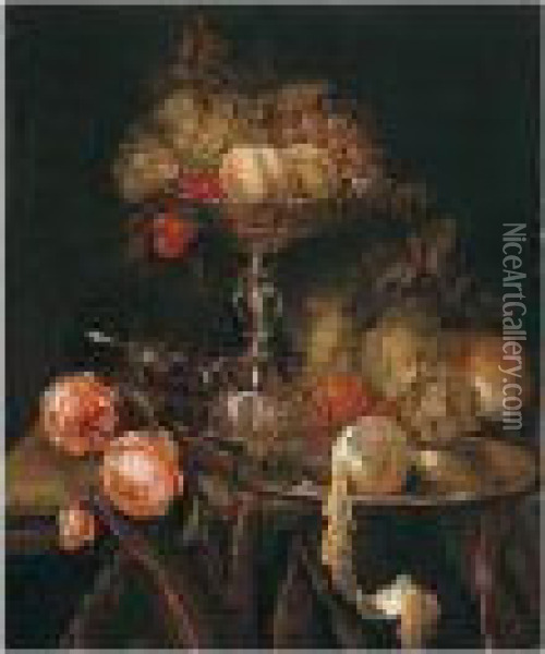 Still Life Of Fruit In A Silver 
Tazza Together With Grapes, Bread, Roses, A Wine Glass And A Peeled 
Lemon On A Pewter Dish, All Arranged On A Ledge Draped With A Brown 
Cloth Oil Painting - Abraham Hendrickz Van Beyeren