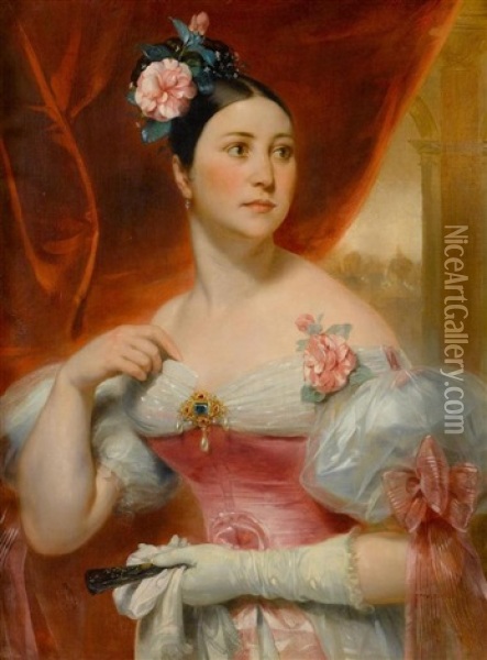 Portrait Einer Eleganten Dame Mit Einem Brief Und Einem Facher Oil Painting - Eugene Deveria