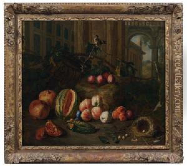 Nature Morte De Fruits, Legumes Et Oiseaux Sur Fond D'architecture Oil Painting - Pieter Snyers