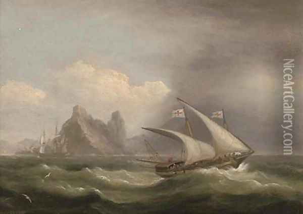 An armed xebec in the Mediterranean, a British frigate off her stern and running past a rocky coastline Oil Painting - Thomas Luny