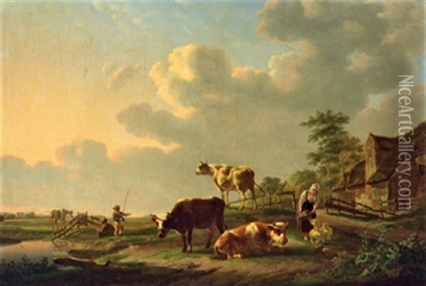 Weideidylle Mit Kuhen, Pferd Und Kleinen Anglern Oil Painting - Gillis Smak Gregoor