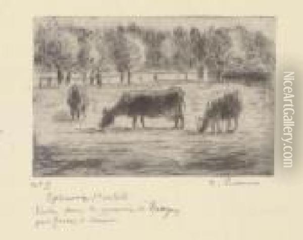 Vaches Dans Les Prairies D'eragny Oil Painting - Camille Pissarro