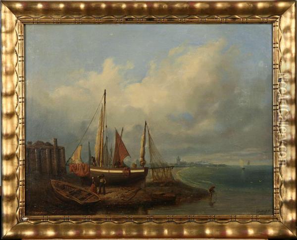 Edouard : Kustlandskap Med Segelfartyg, Signerad Och Daterad , Olja, 50x67, Dubblerad Oil Painting - Carl Eduard Dettloff