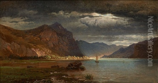 Au Bord Du Lac De Walensdadt Suisse Oil Painting - Jean Francois Xavier Roffiaen