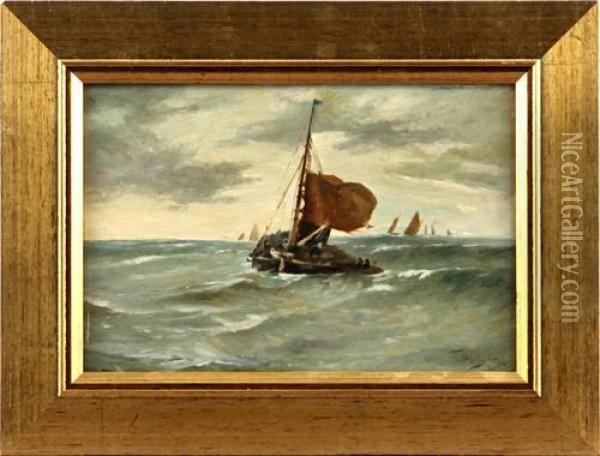 Fishing Boat In A Swell 
Bears Signature Oil Painting - Thomas Bush Hardy