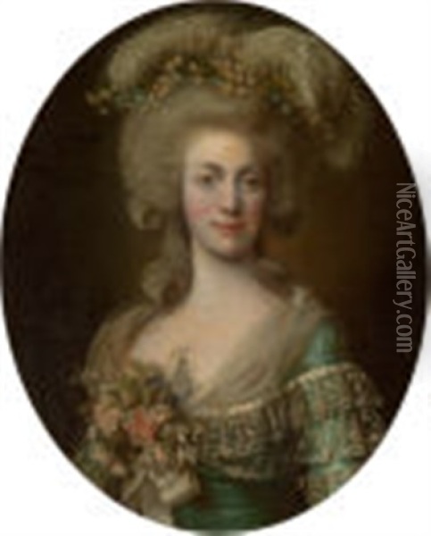 Portrait Of A Lady, Half-length, Wearing A Green Dress Trimmed With Lace And Her Hair Adorned With Ostrich Feathers Oil Painting - Alexander Roslin
