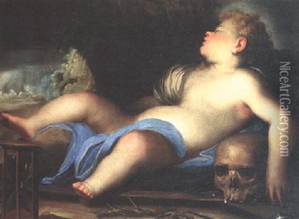 A Vanitas: Cupid Sleeping Beside An Hourglass, Crown Of Thorns And Skull Oil Painting - Giovanni Benedetto Castiglione
