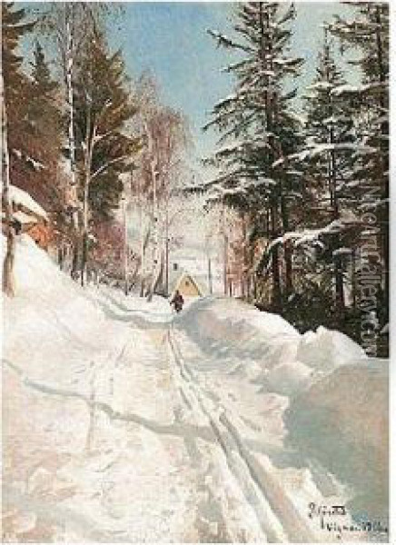 Snedaekket Sti I Skoven (snowy Pathway In The Woods) Oil Painting - Peder Mork Monsted