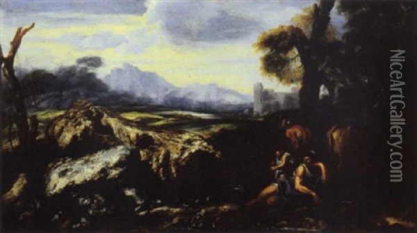 Paesaggio Classico Con Contadini E Armenti Oil Painting - Francesco Castiglione