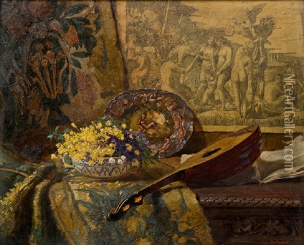 Stillleben Mit Blumen Und Laute Oil Painting - Hugo Charlemont