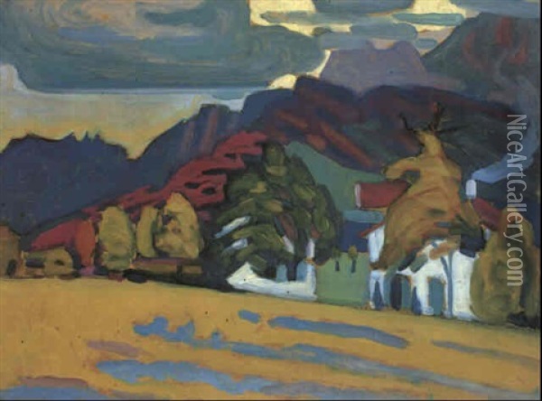 Hausergruppe Vor Gebirge (bei Murnau) Oil Painting - Wassily Kandinsky