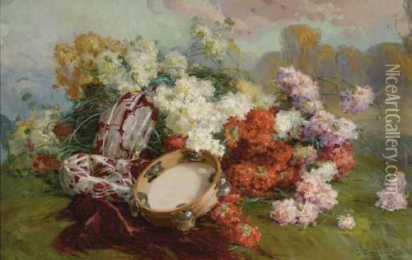 Still Life With Chrysanthemum And A Tambourine Oil Painting - Cayo Guadalupe Zurzarren