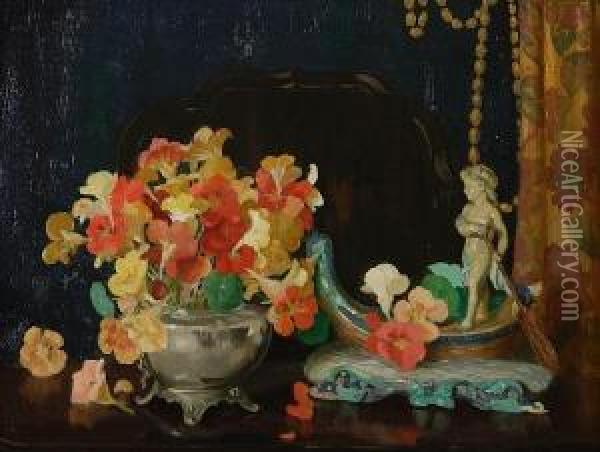 Still Life With Nasturtiums Oil Painting - James Wright