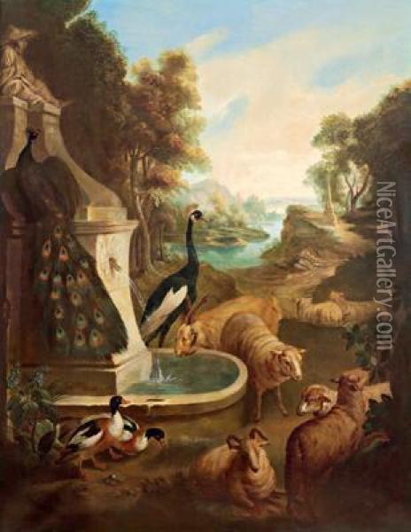 Paesaggio Fluviale Con Una Coppia Di Pavoni Oil Painting - Abraham Bisschop