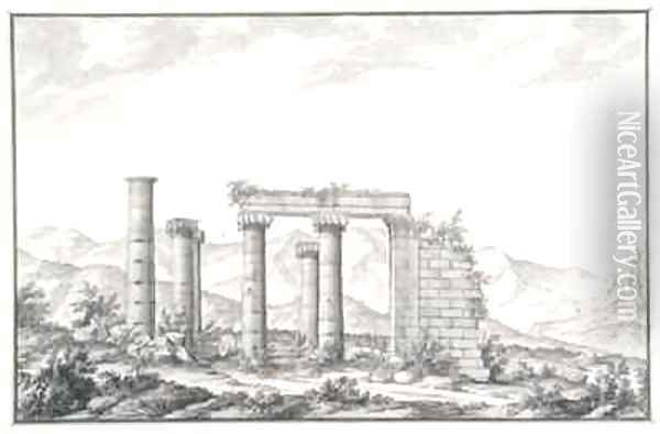 View of the ruins of an Ionic temple at Sardis, probably the Temple of Neptune Oil Painting - Giovanni Battista (Giambattista) Borra