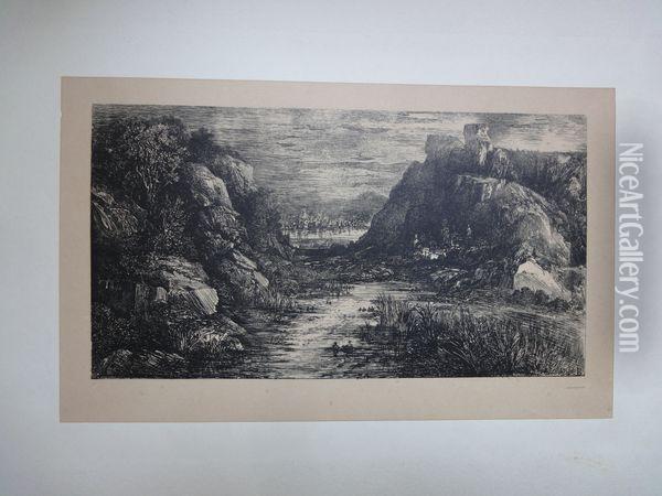 La Cite Lointaine. 1868. Report Lithographique De L'eau-forte. 183 X 100. V. G. 131. Oil Painting - Rodolphe Bresdin