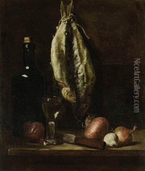 Kuchenstillleben Mit Fischen Und Zwiebeln Oil Painting - Auguste Schepp