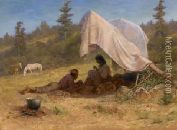 Indian Couple At Campsite Oil Painting - Henry Raschen