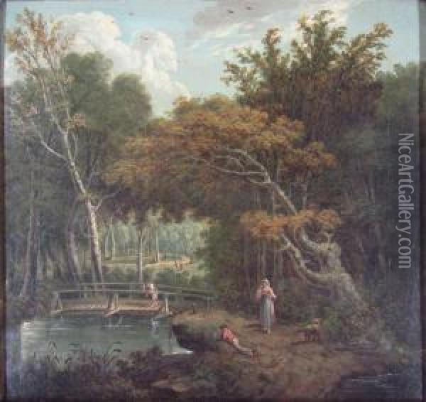 A Shady Glade With Figures Oil Painting - William Westall