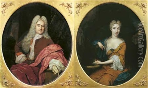 Portrait D'homme Accoude (+ Portrait De Dame Pres D'une Fontaine; Pair) Oil Painting - Constantyn Netscher