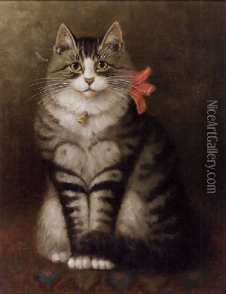 Gray Tiger Cat With Red Bow Oil Painting - Percy A. Sanborn
