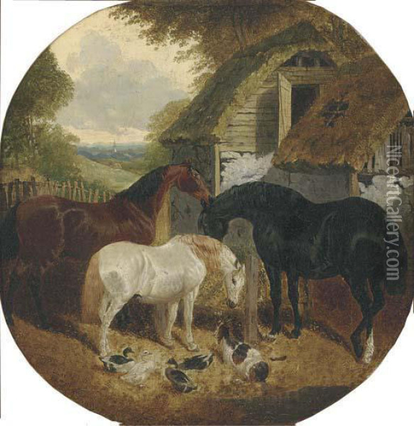 Horses, Ducks And A Goat, In A Farmyard Oil Painting - John Frederick Herring Snr