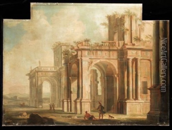 An Architectural Capriccio With Figures Amongst Ruins Oil Painting - Gennaro Greco