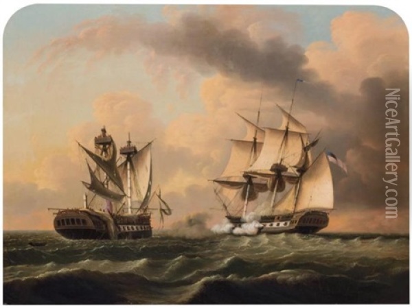 The Naval Engagement Between The United States And The Macedonia Oil Painting - Edmund C. Coates