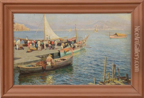 Naples Quay, Fishing Boats And Crowd Oil Painting - Attilio Pratella