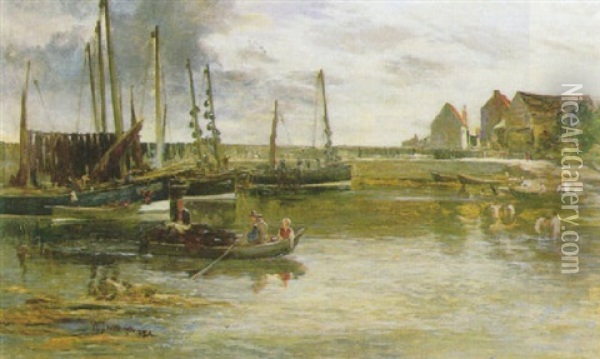 Fishing Boats In A Berwickshire Harbour Oil Painting - William Fleming Vallance