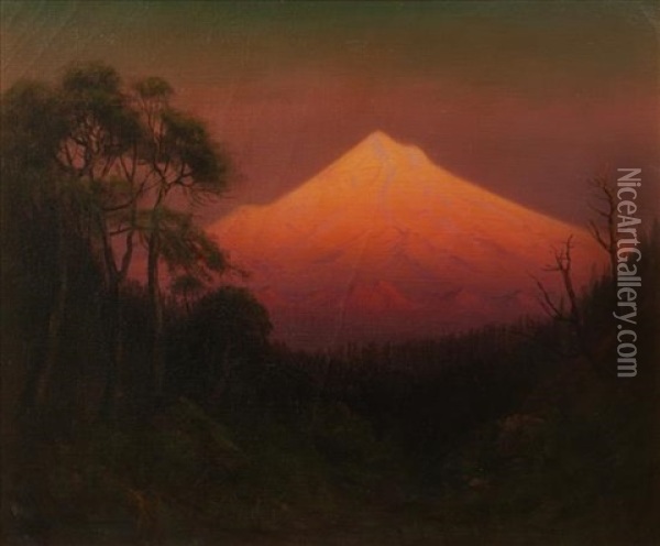 Sunset Glow - Mt. Hood From Near The Sandy River, Ore., 1911 Oil Painting - James Everett Stuart