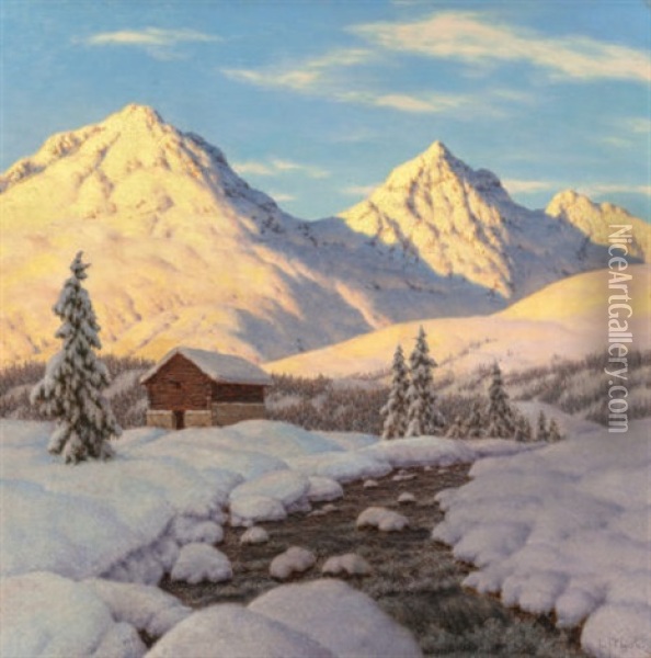 Snowy Sunrise, Circa 1920s Oil Painting - Ivan Fedorovich Choultse