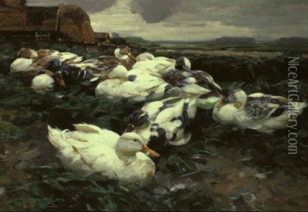Neun Enten Vor Einem Bauernhaus Oil Painting - Alexander Max Koester