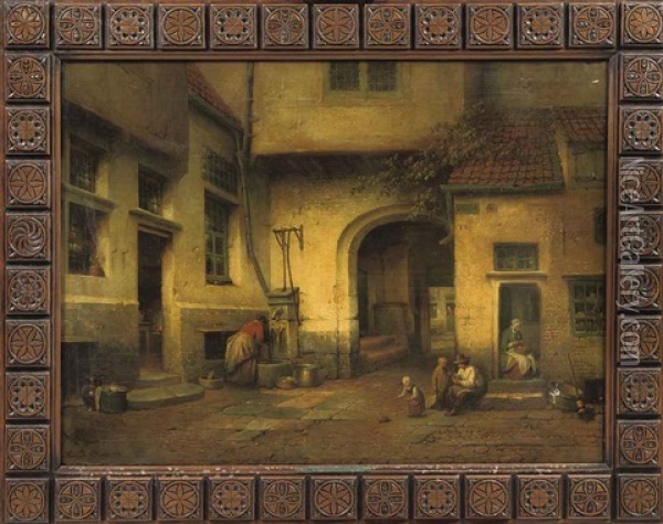 Daily Activities In A Sunlit Courtyard Oil Painting - Henri de Braekeleer