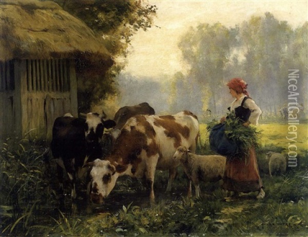 Shepherdess With Cows And Sheep In The Shade Of Midday Oil Painting - Jules Dupre