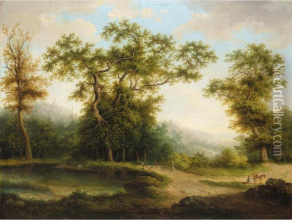 Spring Landscape With Lake Oil Painting - Antoni Lange