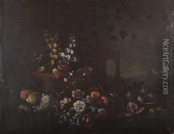 A Still Life Of Assorted Fruit And Flowers On A Ledge Oil Painting - Michelangelo di Campidoglio