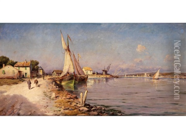 Sudliche Hafenbucht Mit Anliegenden Segelbooten, Bauerlichen Ufergebauden Sowie Figurenstaffage Oil Painting - Joseph Langl