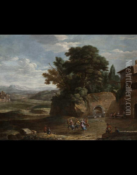 Paesaggio Campestre Con Contadini Che Danzano Oil Painting - Caspar Andriaans Van Wittel