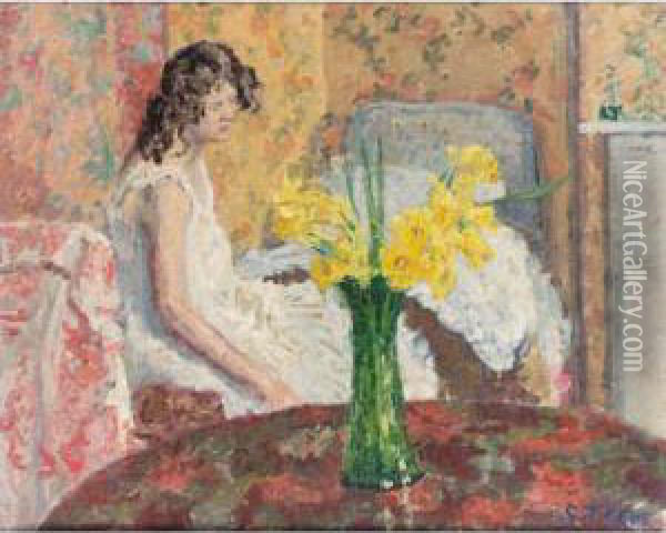 Girl In A Bedroom Oil Painting - Spencer Frederick Gore