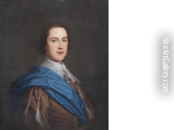 Portrait Of A Gentleman, Half-length, In A Burgundy Coat And Blue Sash (+ Portrait Of A Lady, Half-length, In A Burgundy Dress And Blue Sash, Before An Open Landscape; Pair) Oil Painting - Thomas Bardwell