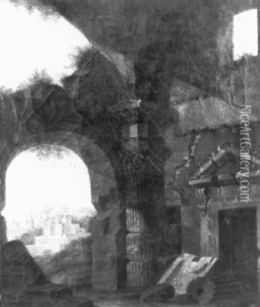 Scene De Ruines Romaines Sur Fond De Paysage Oil Painting - Amedee Bourgeois