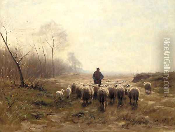 A shepherd herding his flock in an autumnal landscape Oil Painting - Hermann Johannes Van Der Weele