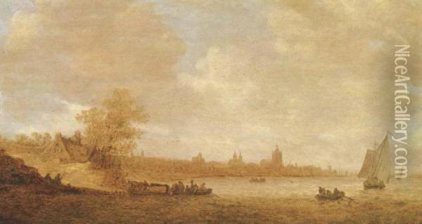 A Cattle Ferry And Other Shipping On The River Rhine Oil Painting - Jan van Goyen