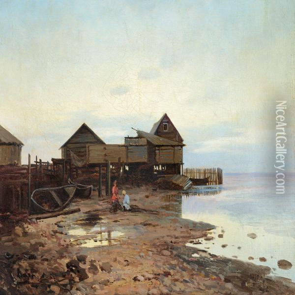 Early Morning At A Rocky Coast With Two Fishermen Doingtheir Nets Oil Painting - Mikhail Potapov