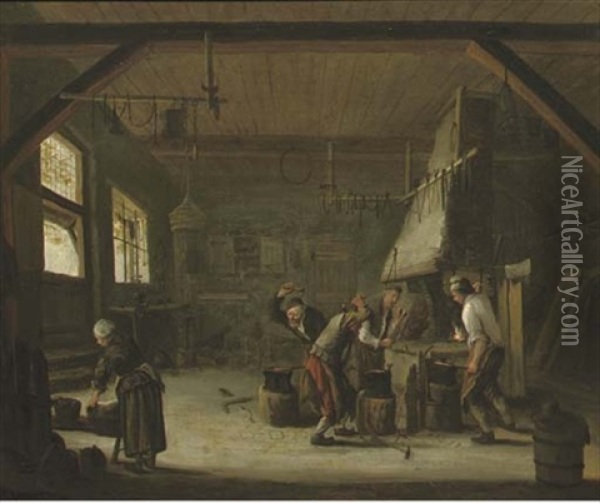 Blacksmiths In Their Workshop Oil Painting - Cornelis Pietersz Bega