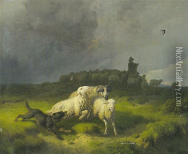 Schafer Mit Seiner Herde Bei Gewitterstimmung Auf Einer Anhohe Oil Painting - Robert Eberle