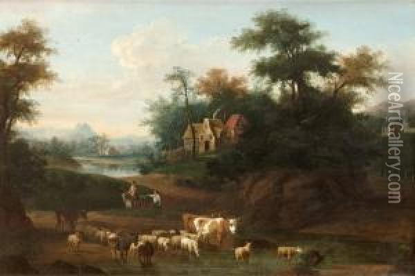 Romanstiskt Landskap Med Byggnader, Figurer Och Boskap Oil Painting - Jakob Christoph Weyermann