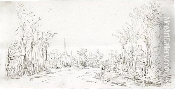 View Of A Road Entering A Village, With A Church Spire In The Background Oil Painting - Jan van Goyen