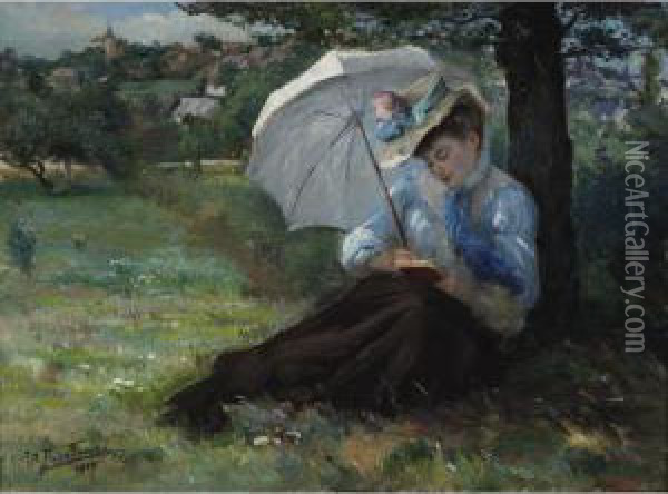Woman With A Parasol Reading In A Sunny Field Oil Painting - Marcial Plaza-Ferrand